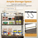 Cat litter box enclosure in grey with 3 open shelves, enclosed cabinet, and 4 hooks for organized pet supplies.