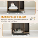 Multipurpose cat litter box enclosure in grey with storage shelves, hooks, and cozy cat house design for stylish.