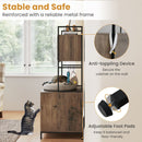 Cat litter box enclosure in grey with storage shelves, anti-toppling device, and adjustable foot pads for stability.