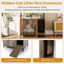 Cat litter box enclosure in grey with storage shelves, winding entry, and scratching board for organized pet supplies.