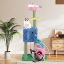 Colorful elephant-themed cat tree with two condos, scratching posts, and a hanging toy for active play and lounging.
