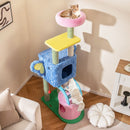 Colorful elephant-themed cat tree with two condos, scratching posts, and a padded perch for lounging and play.