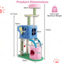 Colorful elephant-themed cat tree with two condos, scratching posts, and a ramp, perfect for feline play and relaxation.