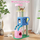 Colorful elephant-themed cat tree with two condos, scratching posts, and a ramp for climbing and scratching.