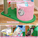 Colorful elephant-themed cat tree with two condos, scratching posts, and a large platform for climbing and lounging.