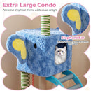 Elephant-themed cat tree with large condo, rustling ear, and colorful scratching posts for playful feline fun.