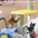 Colorful elephant-themed cat tree with scratching posts, condos, and a cozy perch for feline play and relaxation.