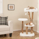 Solid wood cat tree with natural pear wood trunks, plush platforms, and jute scratching posts for feline fun and.