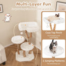 Solid wood cat tree with cozy top perch, plush platforms, and jute scratching posts for multi-layer fun and relaxation.