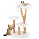 Solid wood cat tree with plush platforms, natural jute scratching posts, and a cozy top perch for feline relaxation.