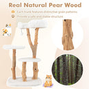 Solid wood cat tree with natural pear wood trunks, plush platforms, and jute scratching posts for climbing and lounging.