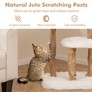 Solid wood cat tree with natural jute scratching posts, featuring plush platforms for lounging and a cozy top perch.
