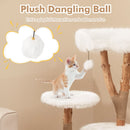 Plush dangling ball on a solid wood cat tree with natural jute scratching posts for interactive feline fun.