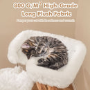Cozy top perch of the solid wood cat tree, featuring 800 G/M2 long plush fabric for ultimate comfort and relaxation.
