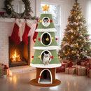 Large Christmas cat tree with 4 condos, plush fabric, and interactive toys for indoor cats, perfect for festive.