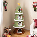 Large Christmas cat tree with 4 condos in green, featuring plush fabric and festive decorations for indoor cats.