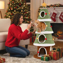 Large Christmas cat tree with four condos, interactive toys, and plush fabric for indoor cats, perfect for festive.
