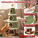 Christmas cat tree with a large base, featuring plush fabric and interactive toys, designed for indoor feline fun.