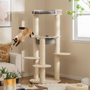 5-level wooden cat tree with padded perch and sisal scratching posts, ideal for feline play and relaxation.