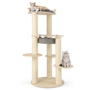 5-level wooden cat tree with padded perch and sisal scratching posts, providing a cozy playground for cats.