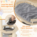 Large padded perch on a 5-level wooden cat tree in grey, featuring a non-woven fabric hammock for comfort and.