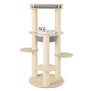 5-level wooden cat tree with padded perch and sisal scratching posts, designed for cat comfort and play.