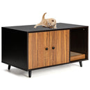 Cat litter box enclosure with wooden doors and a large tabletop, designed for privacy and style in home decor.