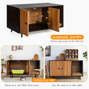 Cat litter box enclosure with divider, coffee table design, features magnetic doors and winding entry for ventilation.