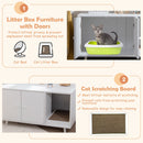 Cat litter box enclosure with divider in white, featuring two doors for privacy and a scratching pad for feline fun.