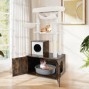 Multi-level 150 cm cat tree in brown with litter box enclosure, hammock, and padded perch for cozy lounging.