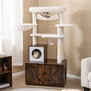 Multi-level 150 cm cat tree with litter box enclosure, padded perch, hammock, and scratching posts for playful.