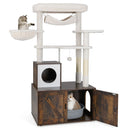 Multi-level 150 cm cat tree in brown with litter box enclosure, hammock, and padded perch for lounging and play.