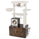 Brown cat tree featuring a cozy hammock, rotatable basket bed, and spacious condo for cats to relax and play.