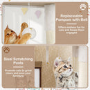 Cat tree with litter box enclosure, sisal scratching posts, and replaceable pompom for engaging play and comfort.