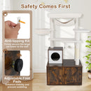 Cat tree with litter box enclosure in brown, featuring anti-tipping kit and adjustable foot pads for stability.