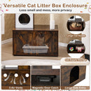 Brown cat tree with hidden litter box enclosure, 3 air vents, and oversized padded perch for comfortable lounging.
