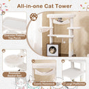 All-in-one cat tower with oversized padded perch, hammock, and litter box enclosure for cozy lounging and privacy.