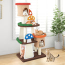 Multi-level mushroom cat tree tower with sisal posts, colorful platforms, and cozy condos for playful kittens.