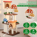 Multi-level mushroom cat tree with natural sisal posts, cozy condos, and interactive toy balls for playful feline fun.