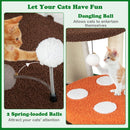 Mushroom cat tree with spring-loaded balls and cozy platforms for climbing, scratching, and playful entertainment.