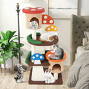 Multi-level mushroom cat tree with natural sisal posts, cozy platforms, and interactive toy balls for playful cats.