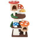 Multi-level mushroom cat tree tower with sisal posts, interactive toy balls, and cozy condos for playful cats.