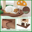 Cozy mushroom cat tree with multi-level platforms, soft teddy fabric, and natural sisal posts for playful feline fun.