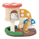 Colorful 4-in-1 cat tree with condo, platform, sisal post, and interactive spring ball for play and relaxation.