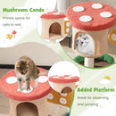 Cozy multicolour cat tree with mushroom condo and observation platform, featuring sisal post for scratching and play.
