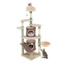 Multi-level cat tree with plush crown perch, two condos, and scratching posts for indoor kittens, 163 cm tall.