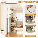 Large cat tree with 2 condos and plush top perch, designed for stability and feline entertainment in green.