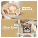 Rotatable basket bed on a large green cat tree, providing a cozy spot for cats to snuggle and observe their.