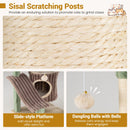 Large cat tree with plush crown perch, sisal scratching posts, and dangling balls for indoor kittens' play and rest.