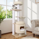Multi-level modern cat tree in white with cozy hammock, padded top perch, and 2-tier condo for small apartments.